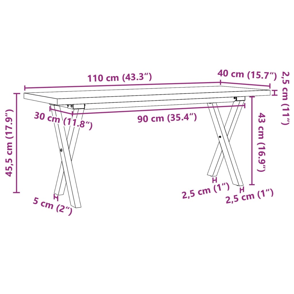 Couchtisch X-Gestell 110x40x45,5 cm Massivholz Kiefer Stahl