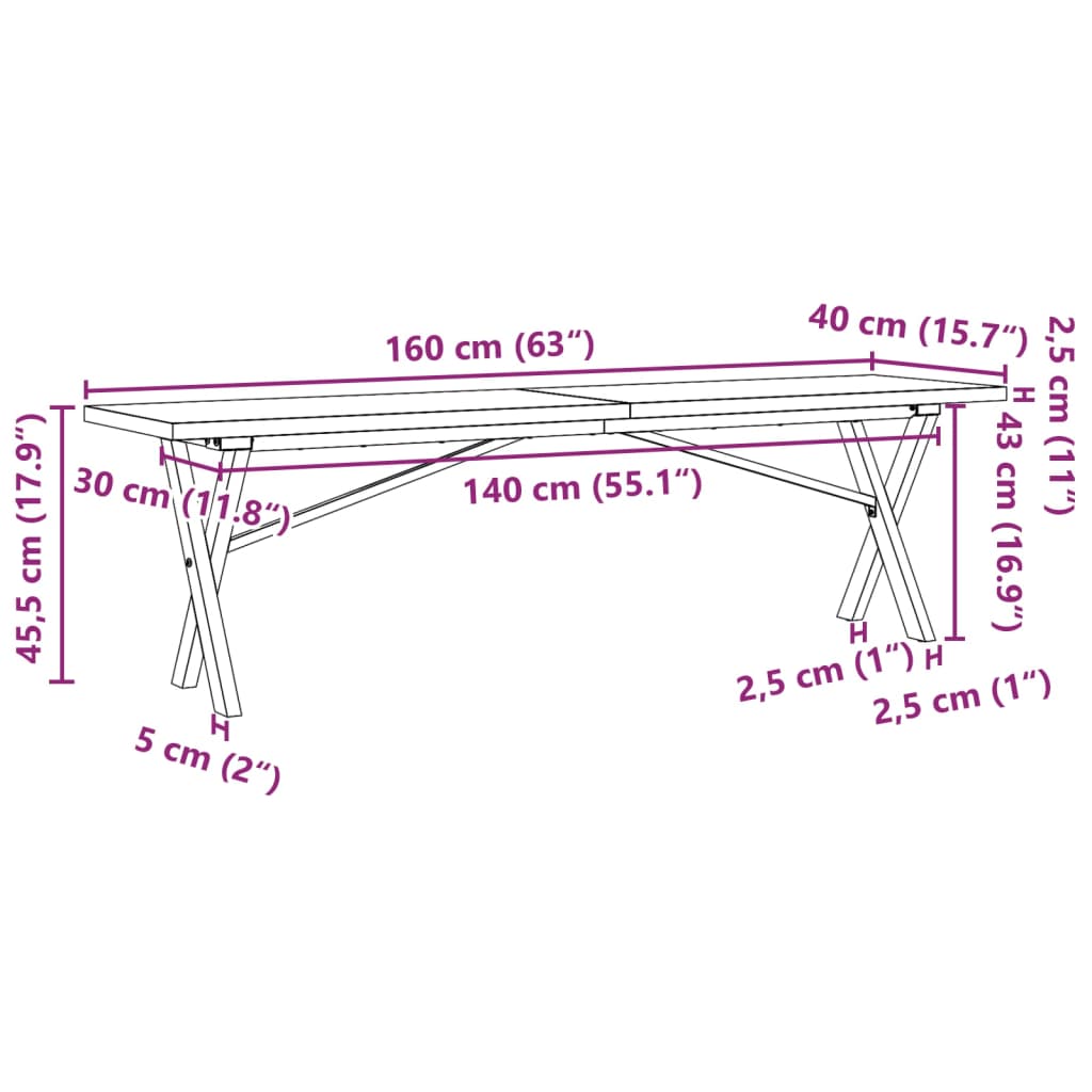 Couchtisch X-Gestell 160x40x45,5 cm Massivholz Kiefer Stahl