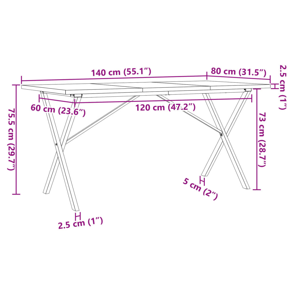 Esstisch X-Gestell 140x80x75,5 cm Massivholz Kiefer & Stahl