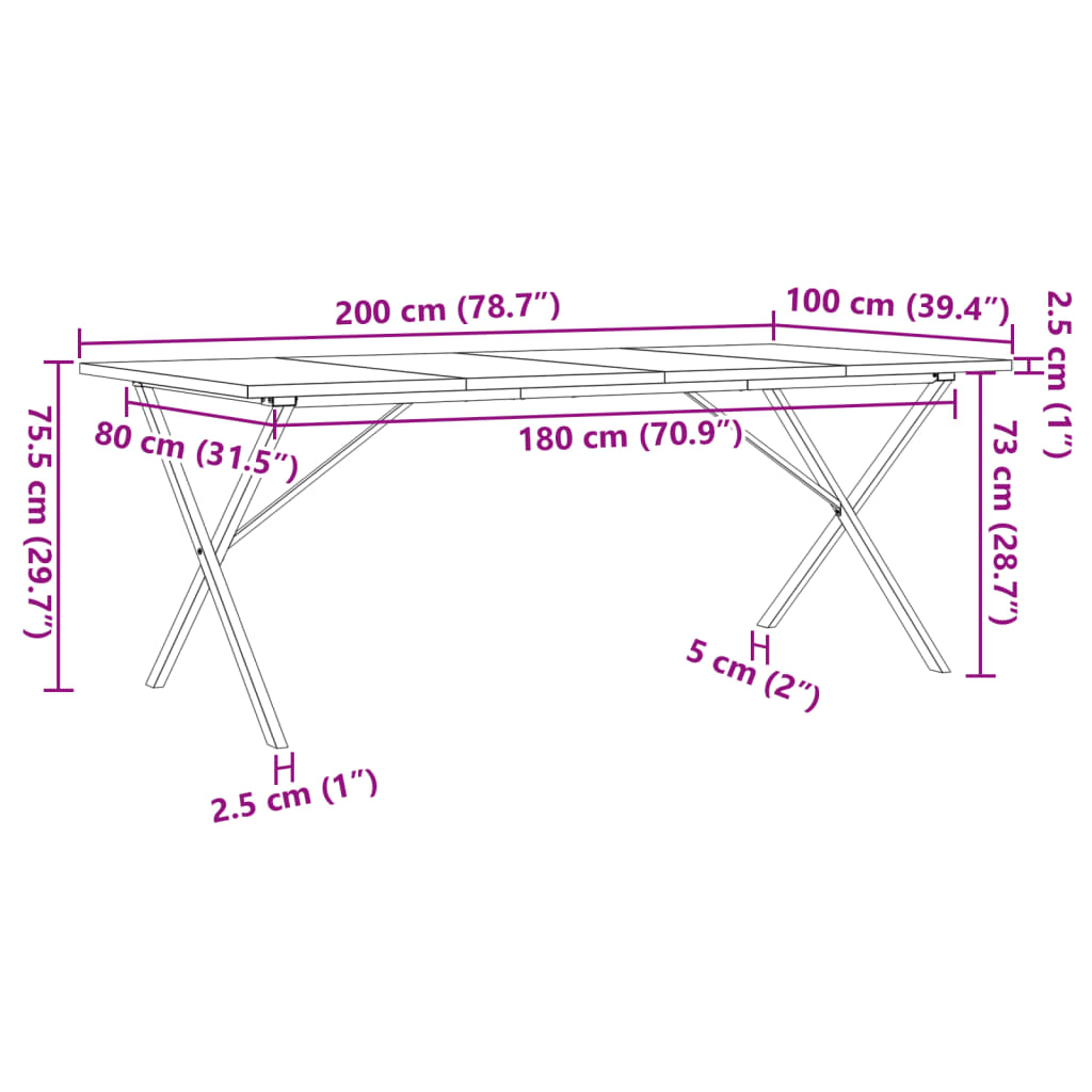 Esstisch X-Gestell 200x100x75,5cm Massivholz Kiefer & Stahl