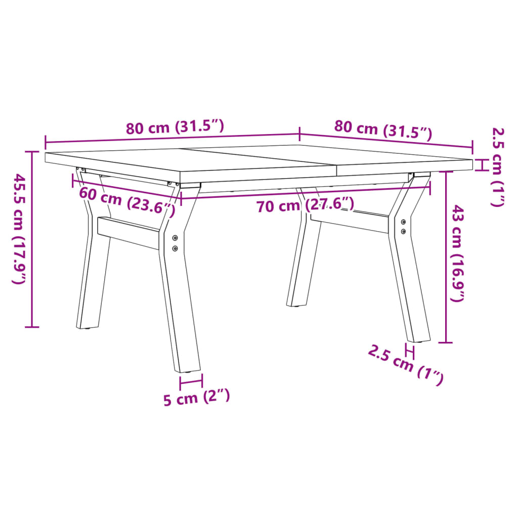 Couchtisch Y-Gestell 80x80x45,5cm Massivholz Kiefer & Stahl