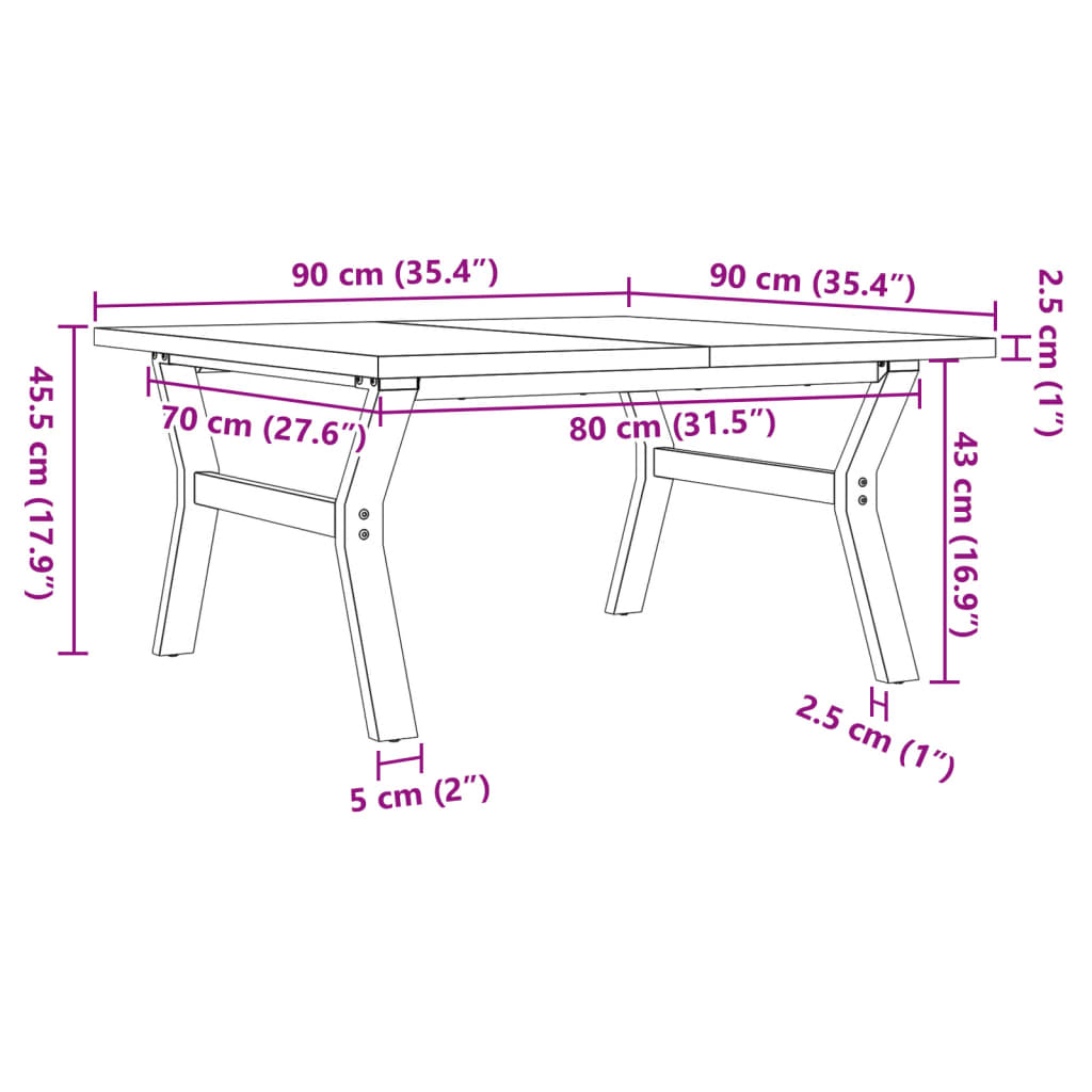 Couchtisch Y-Gestell 90x90x45,5cm Massivholz Kiefer & Stahl