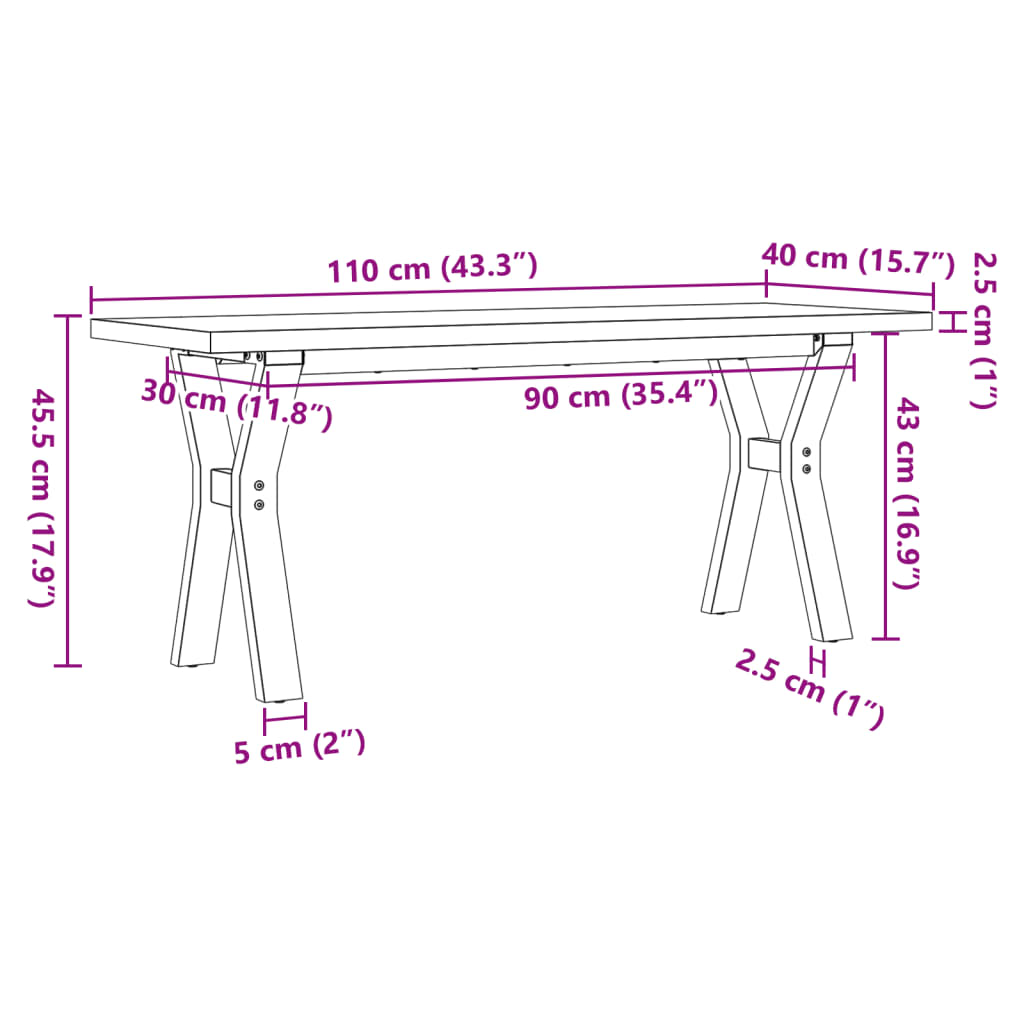 Couchtisch Y-Gestell 110x40x45,5 cm Massivholz Kiefer Stahl