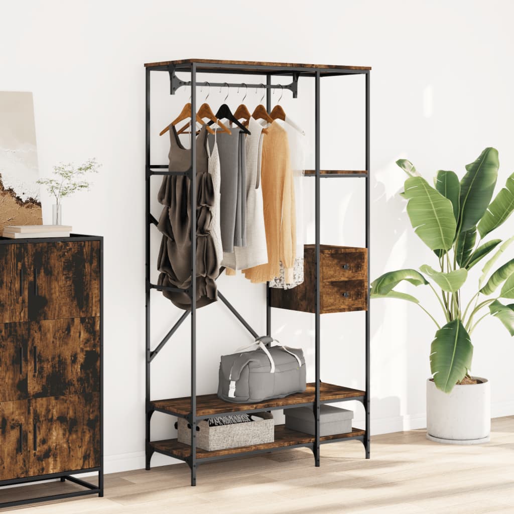 Clothes rack with shelves smoked oak wood material