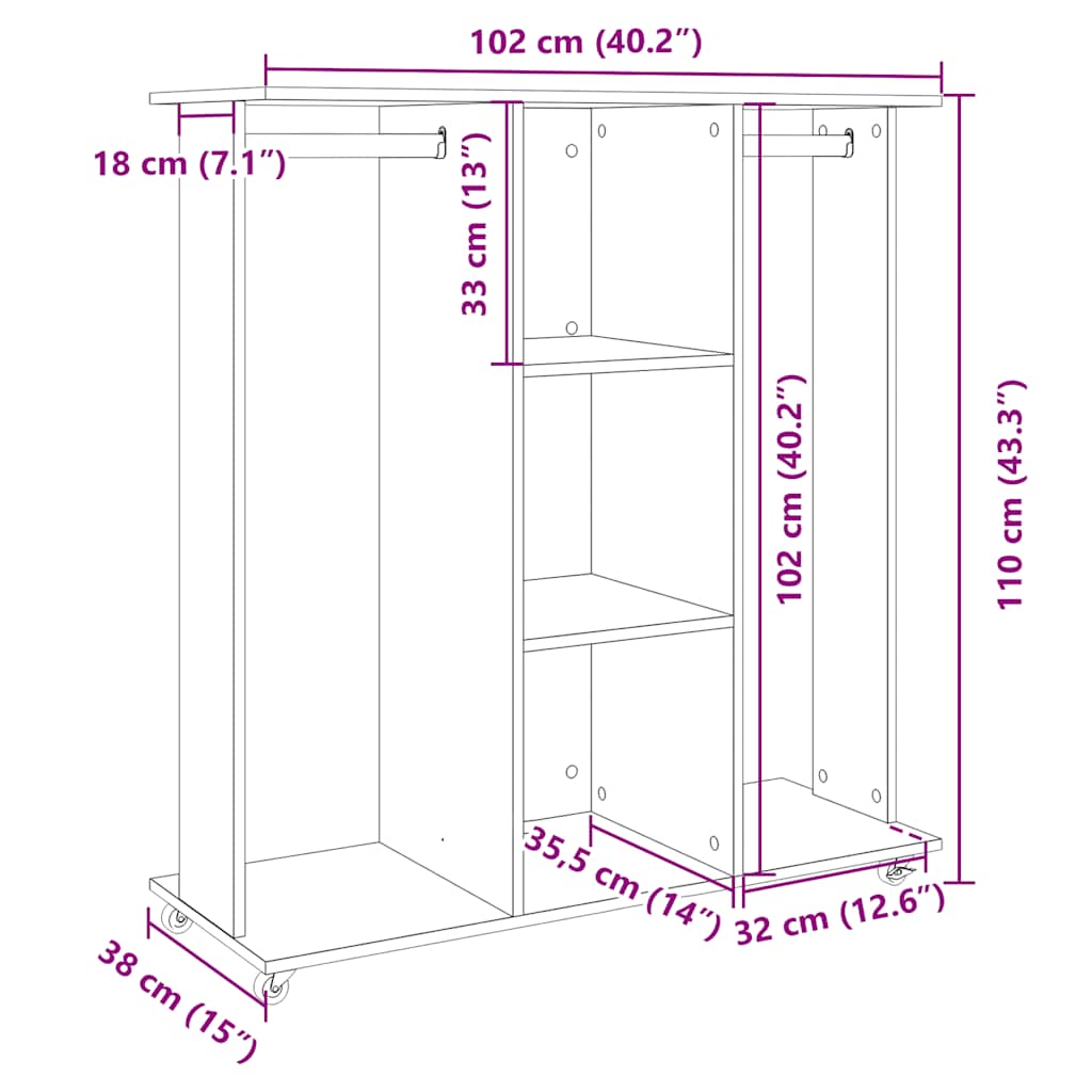 Wardrobe with wheels white 102x38x110 cm wood material