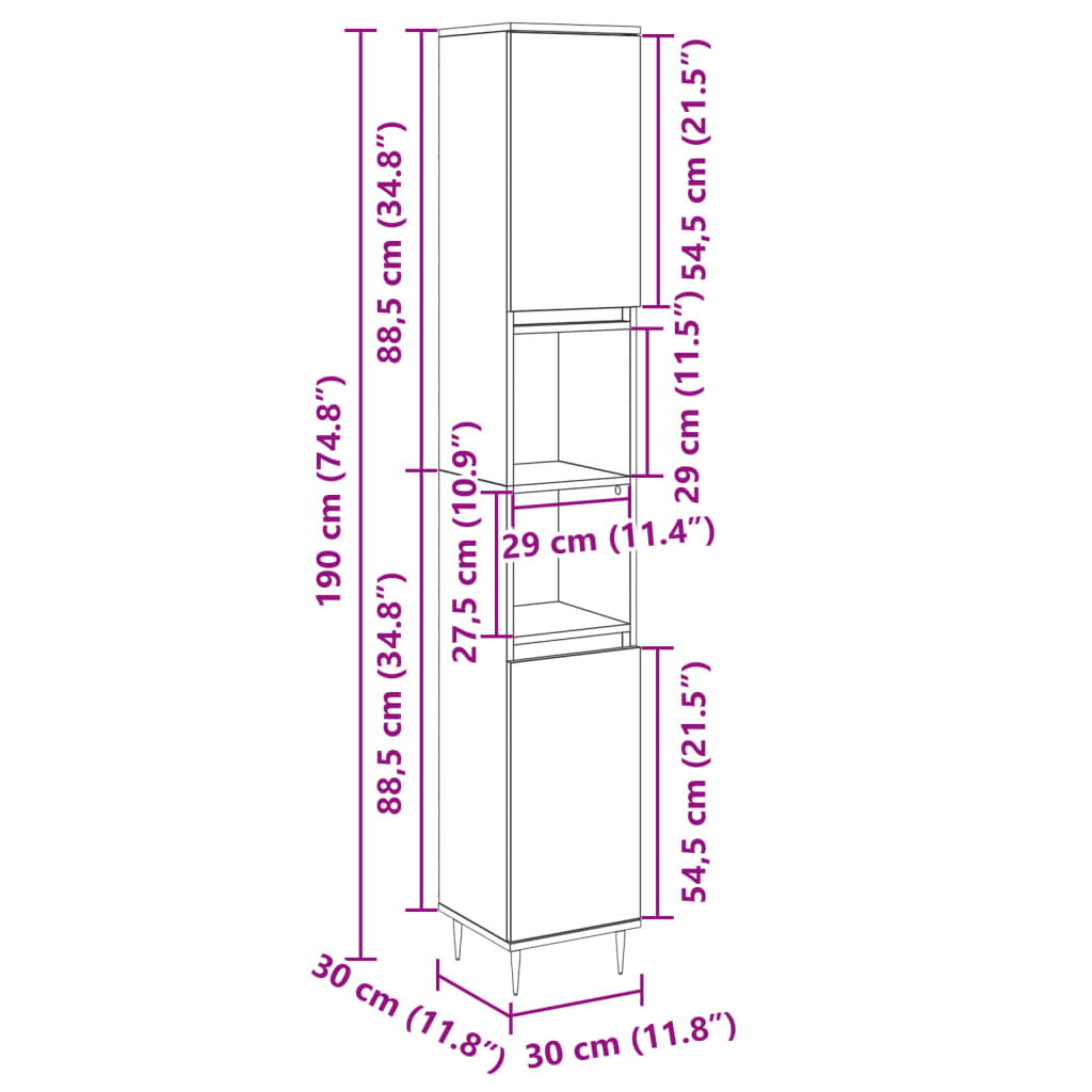 Bathroom Cabinet Sonoma Oak 30x30x190 cm Wood Material