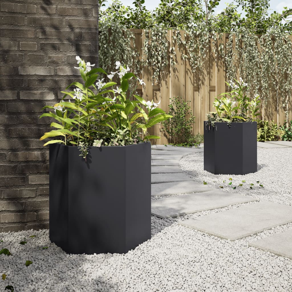Garten-Pflanzgefäße 2 Stück Schwarz Sechseckig 46x40x45 Stahl