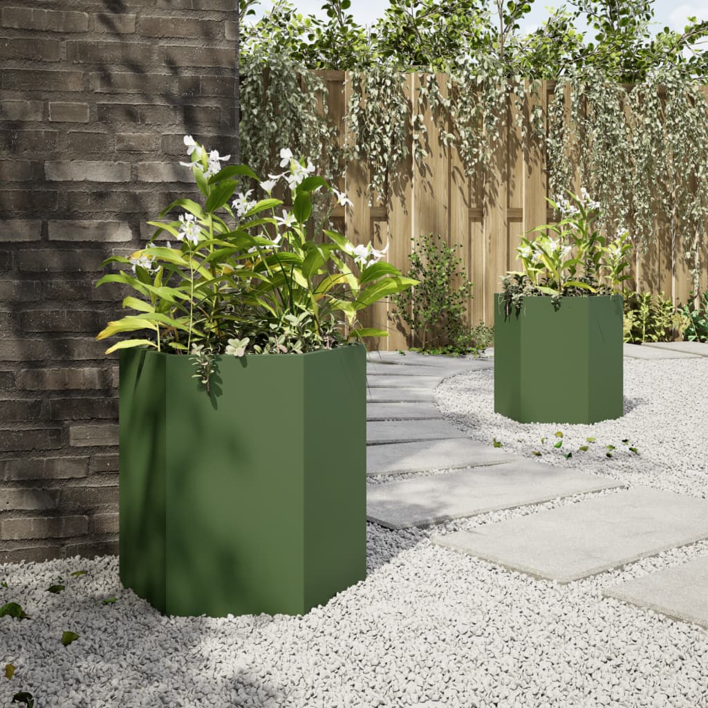 Garden Planters 2 pcs. Olive Green Hexagonal 46x40x45 cm Steel