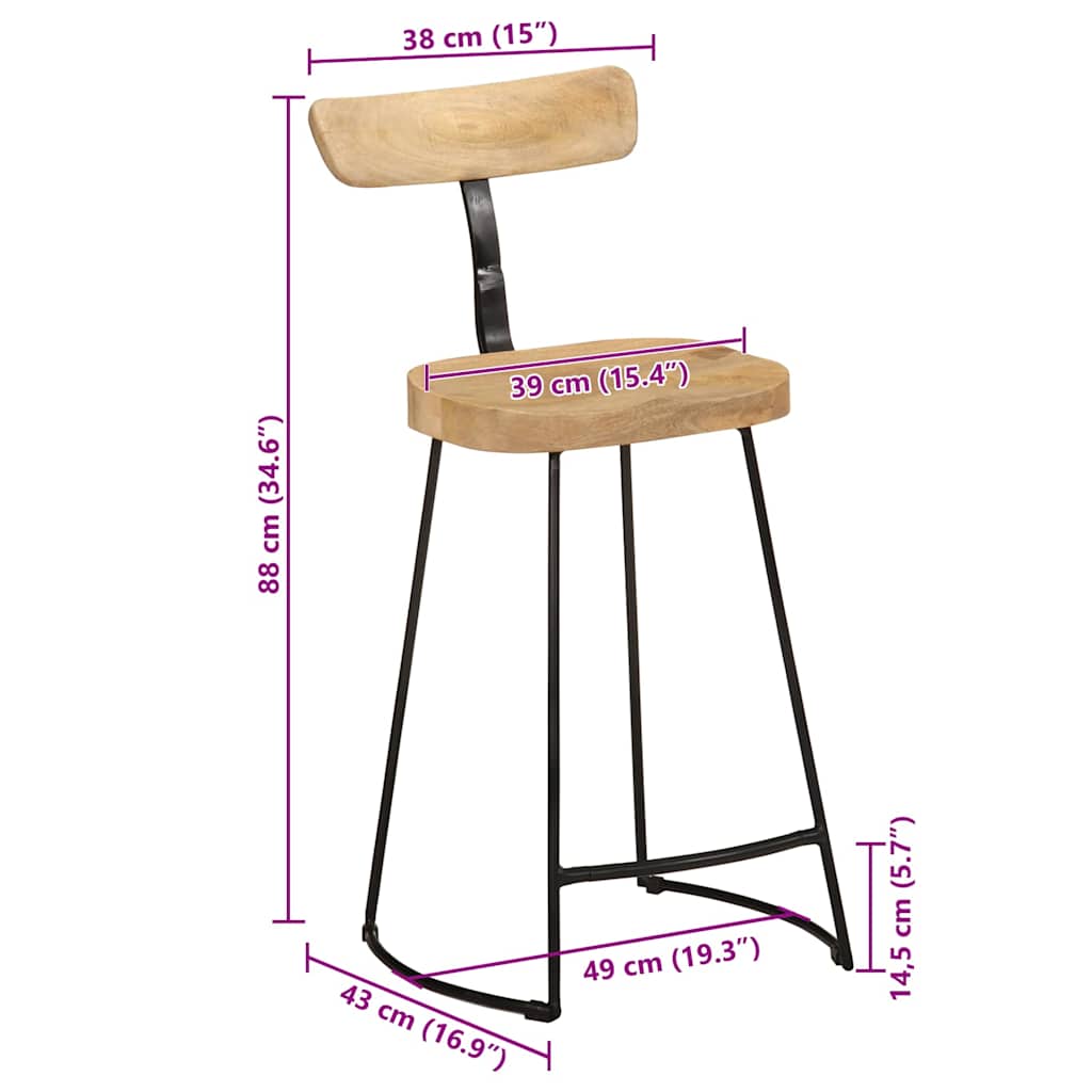 Barhocker 2 Stk. 49x43x88 cm Mango Massivholz