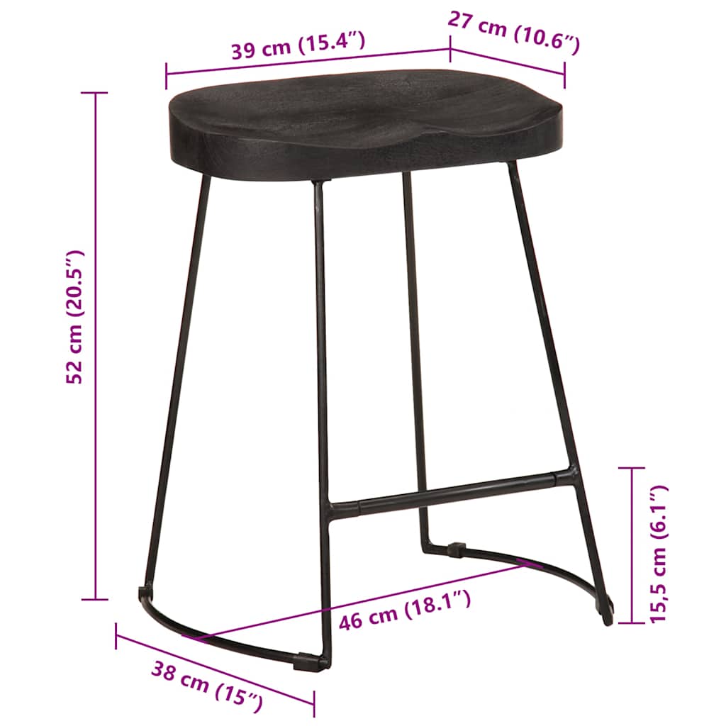 Barhocker 2 Stk. Schwarz 46x38x52 cm Mango Massivholz
