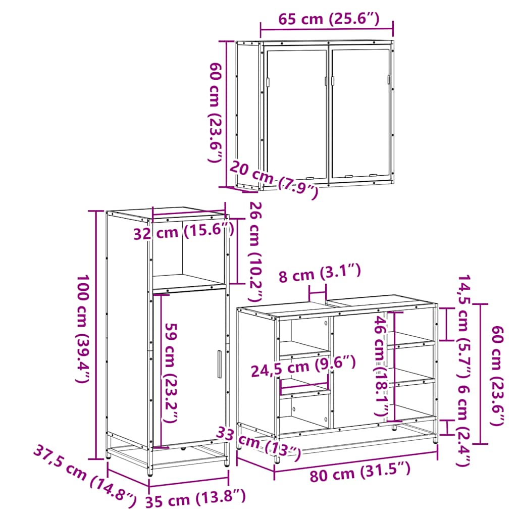 3-tlg. Badmöbel-Set Räuchereiche Holzwerkstoff