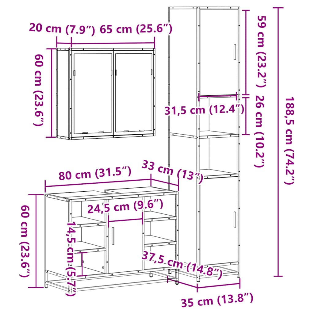 3-tlg. Badmöbel-Set Grau Sonoma Holzwerkstoff