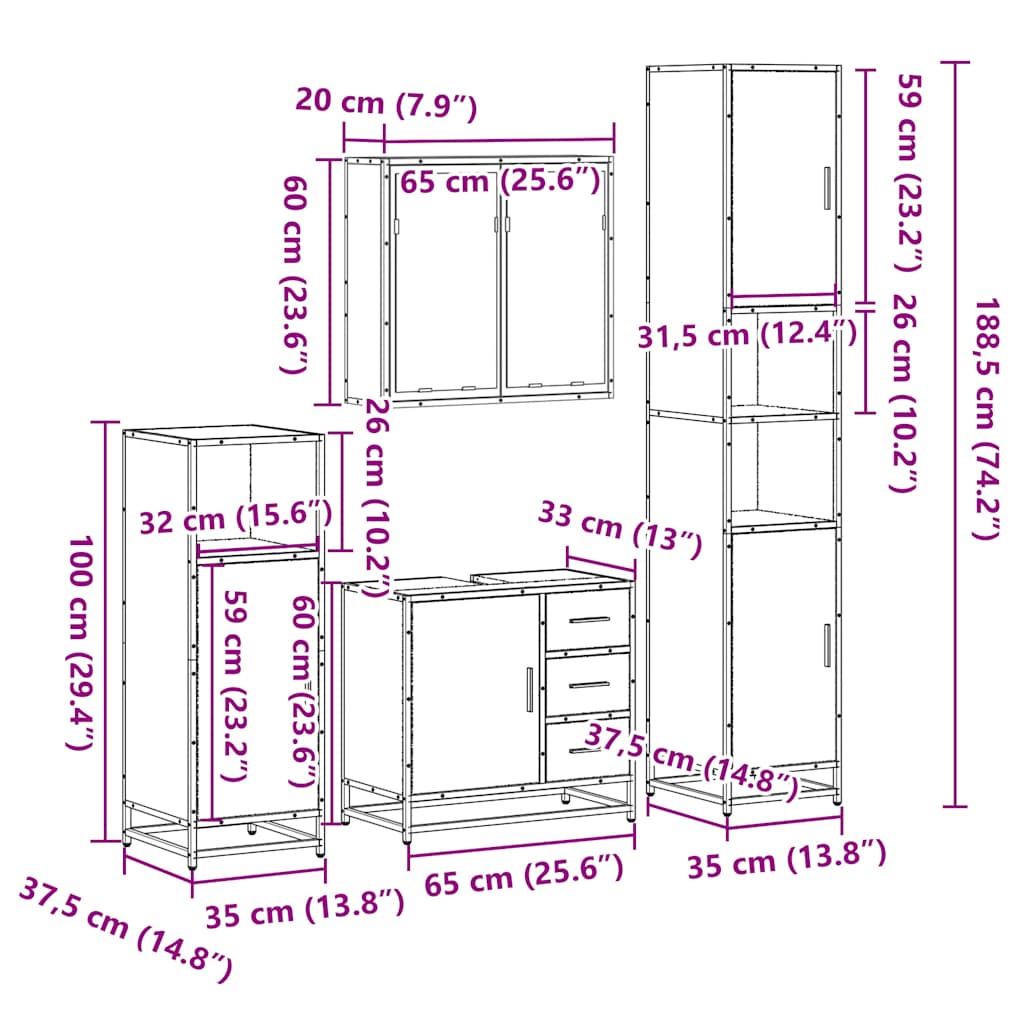 4-tlg. Badmöbel-Set Grau Sonoma Holzwerkstoff