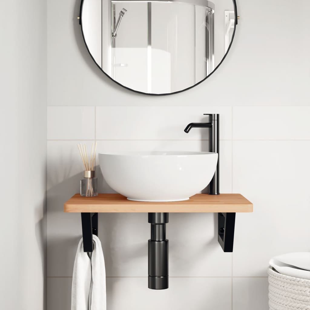 Washbasin shelf wall-mounted steel and solid beech wood