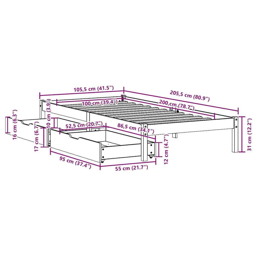 Solid wood bed without mattress 100x200 cm pinewood