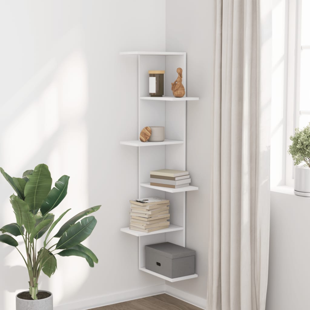 Wall Corner Shelf White 36.5x36.5x140 cm Wood Material
