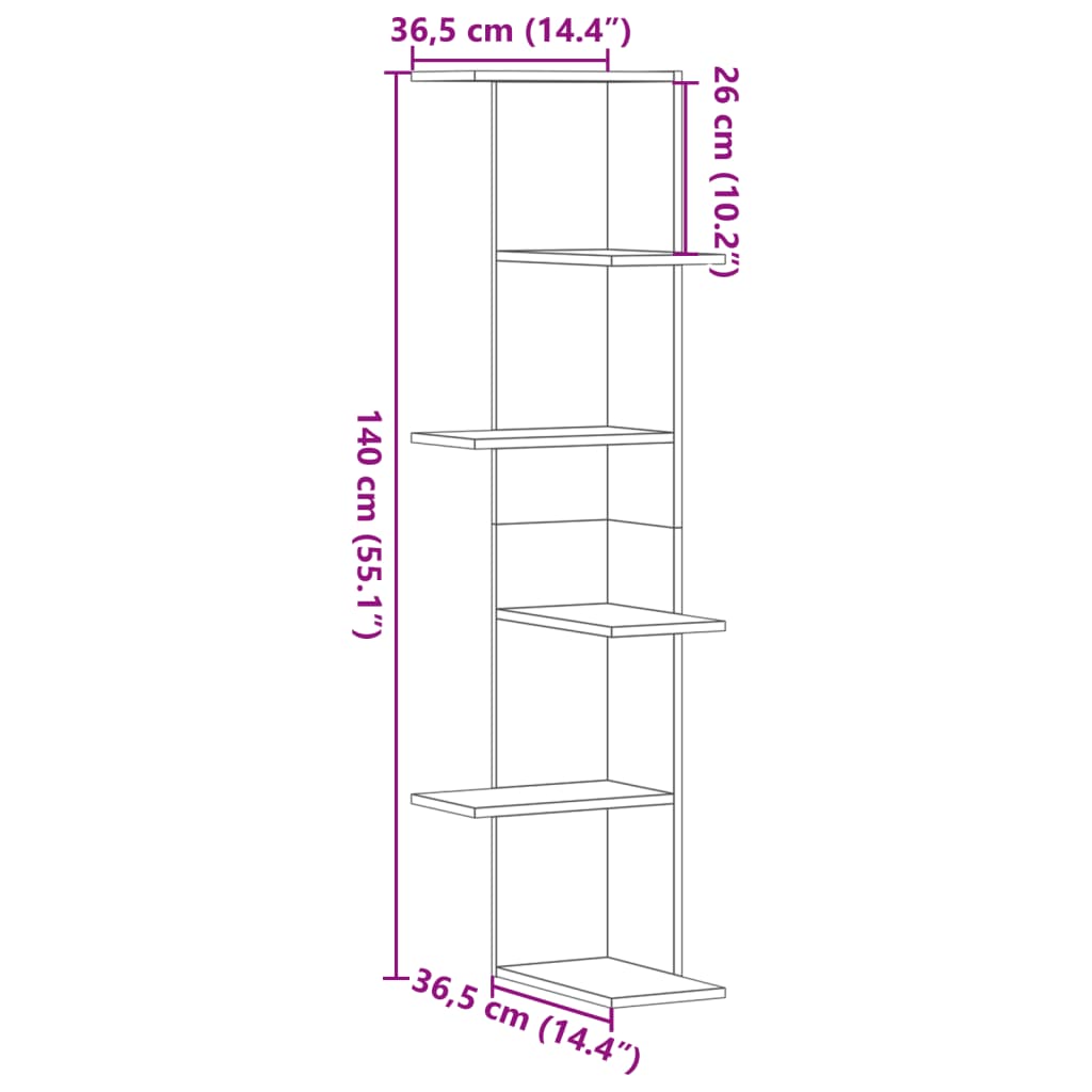 Wall Corner Shelf Gray Sonoma 36.5x36.5x140 cm Wood Material