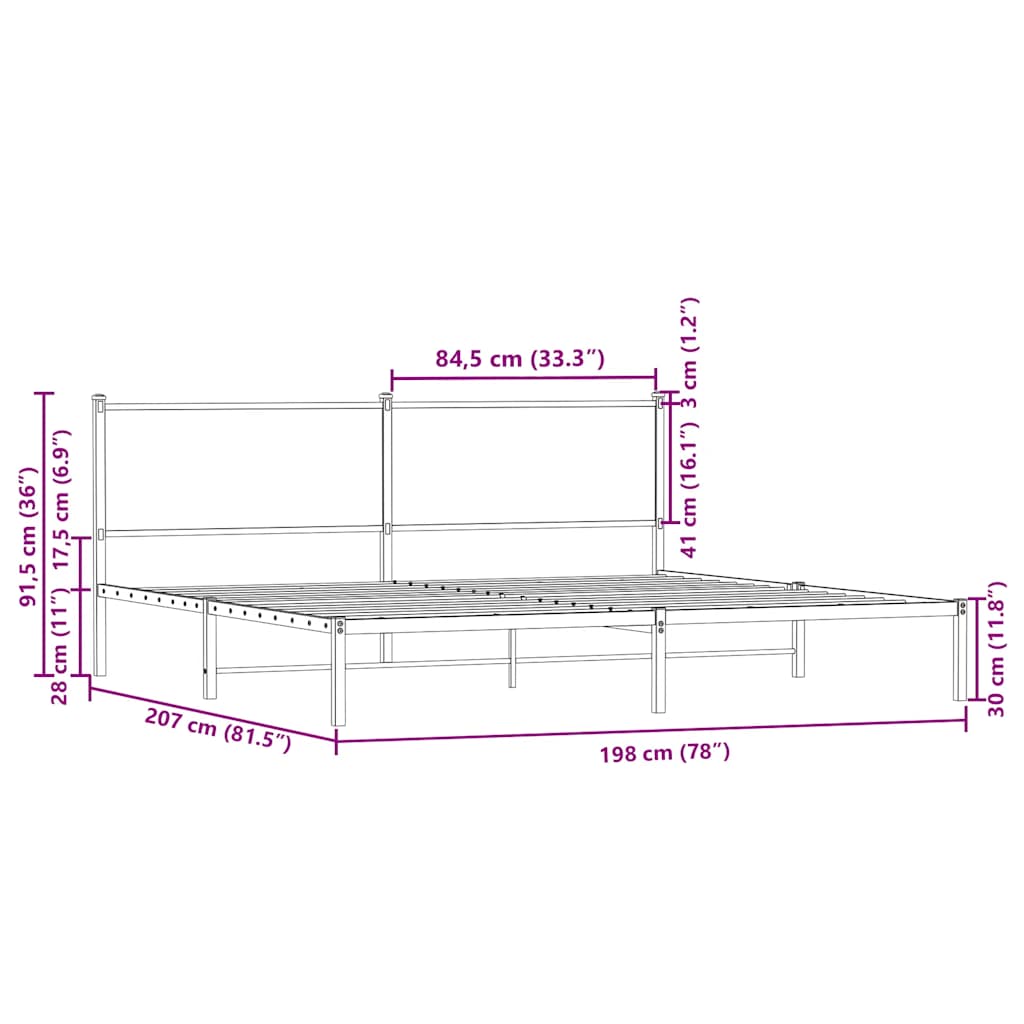 Metal bed without mattress brown oak look 193x203 cm