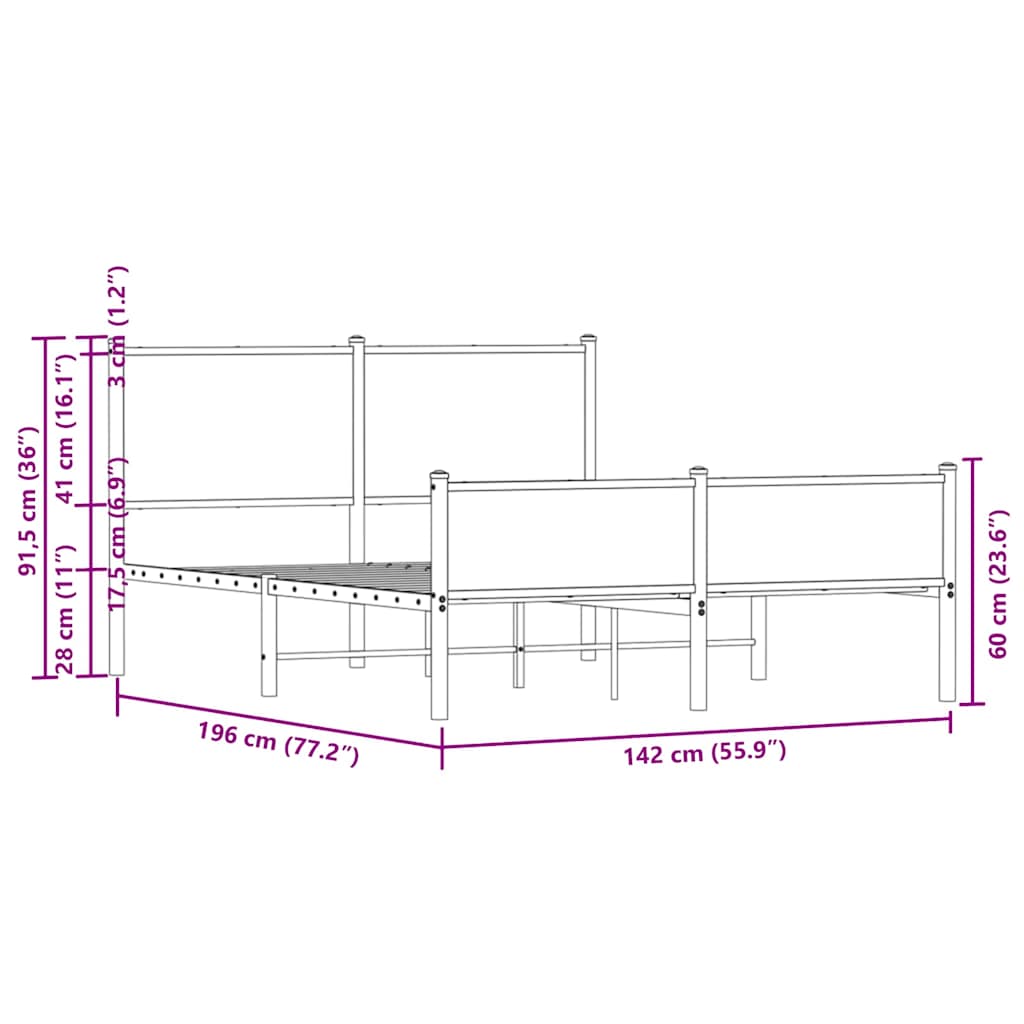 Metal bed without mattress smoked oak 137x190 cm
