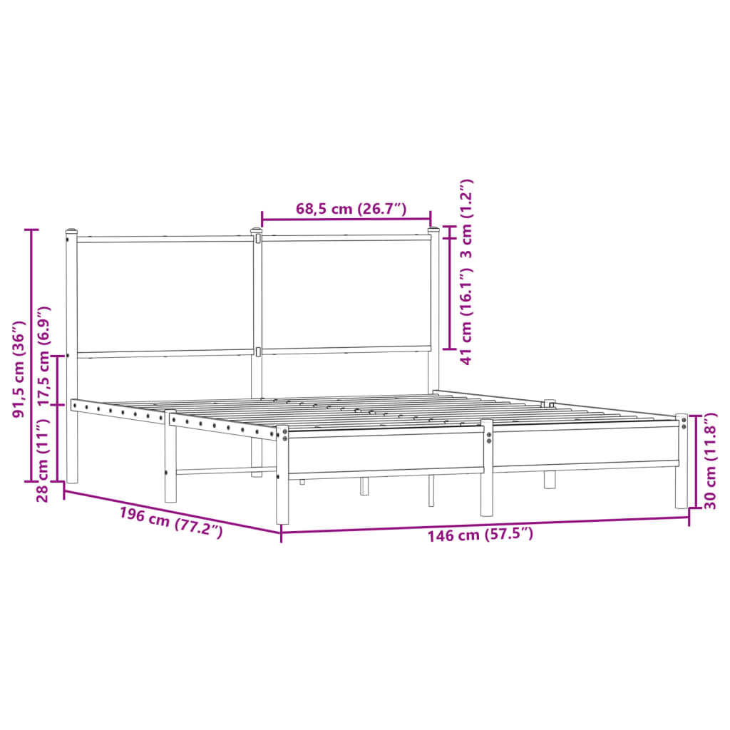 Metal bed without mattress brown oak look 140x190 cm