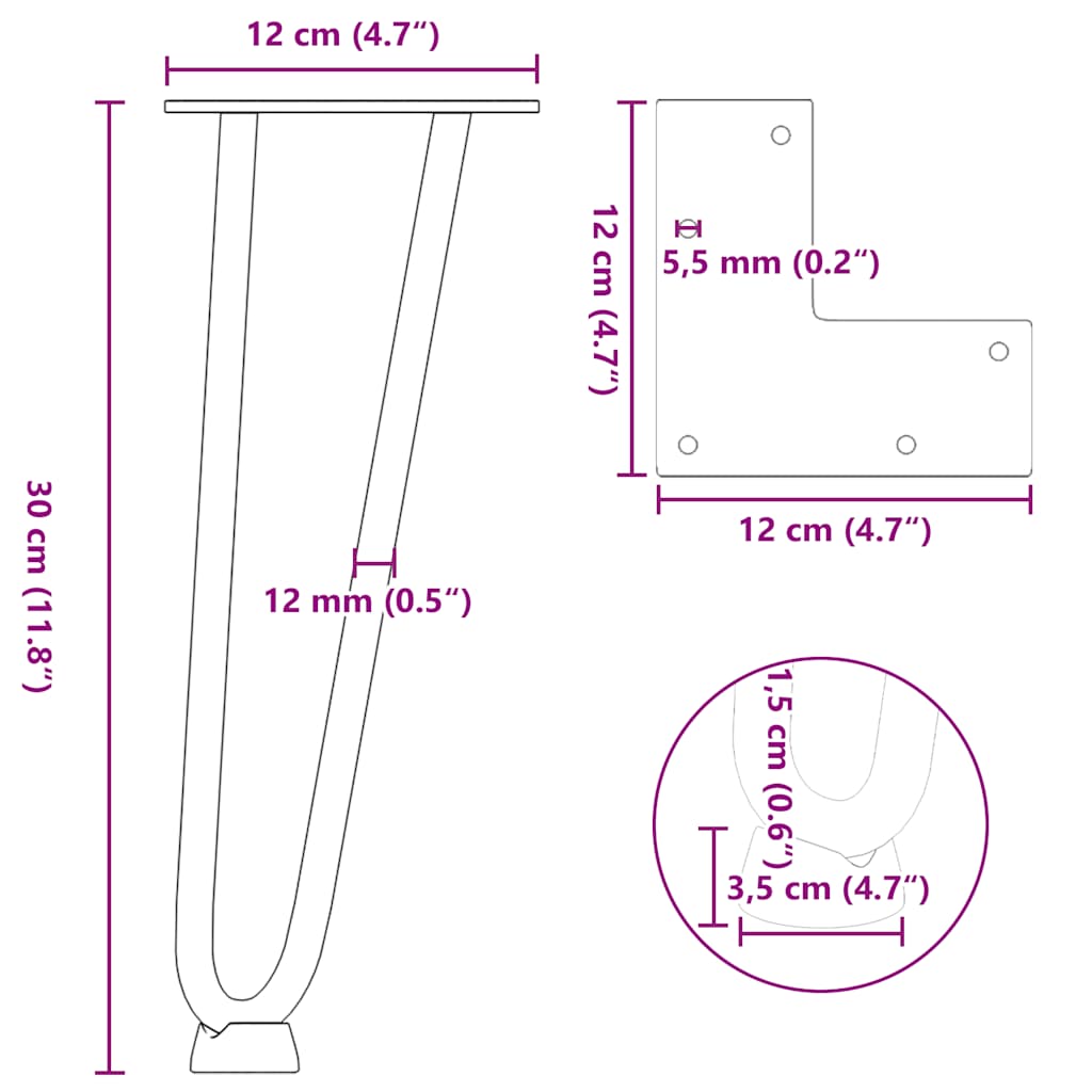 Hairpin legs for coffee table 4 pcs. Natural steel 30 cm solid steel