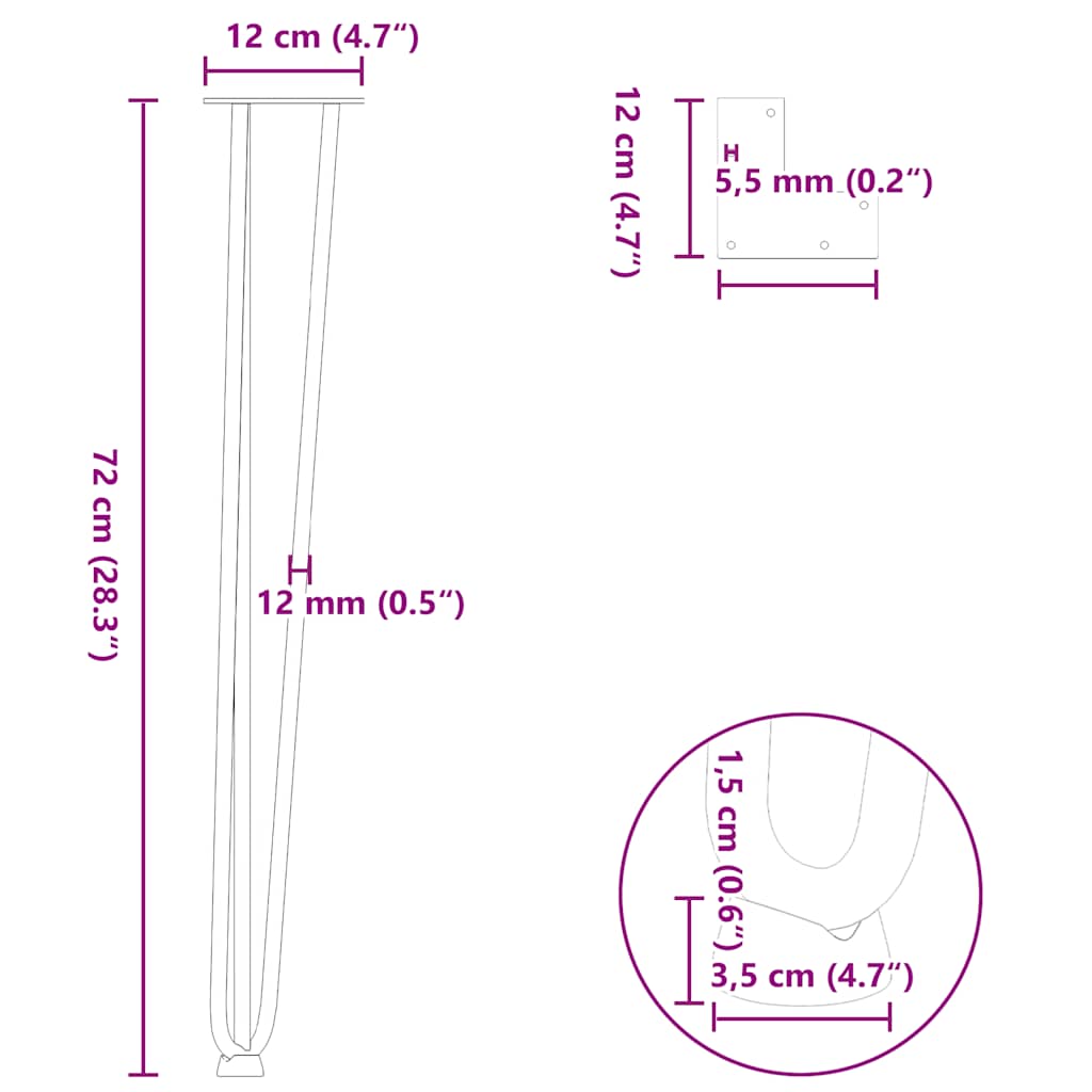 Hairpin legs for console tables, 4 pieces, white, 72 cm, solid steel
