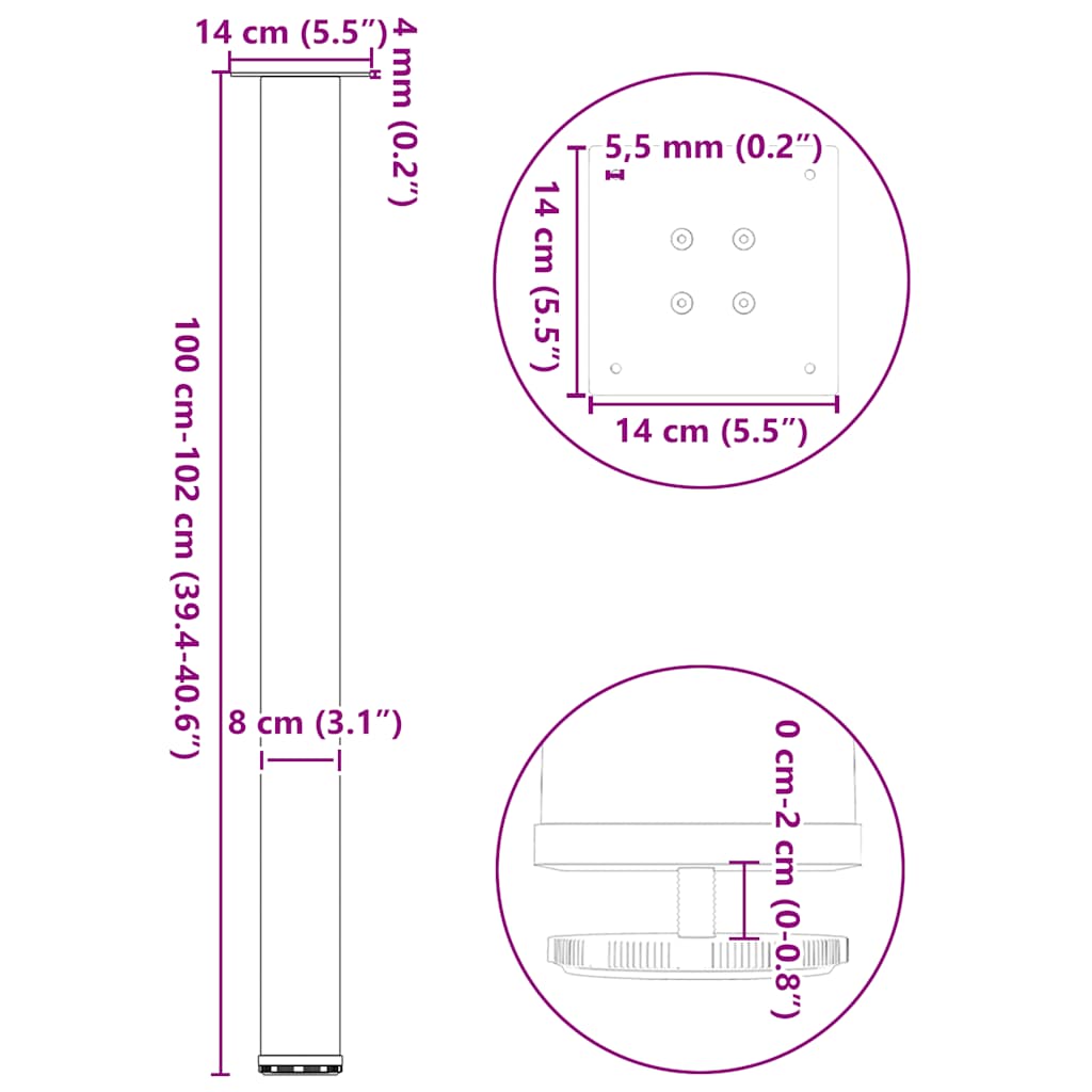 Bartischbeine 4 Stk. Naturstahl 100-102 cm Stahl
