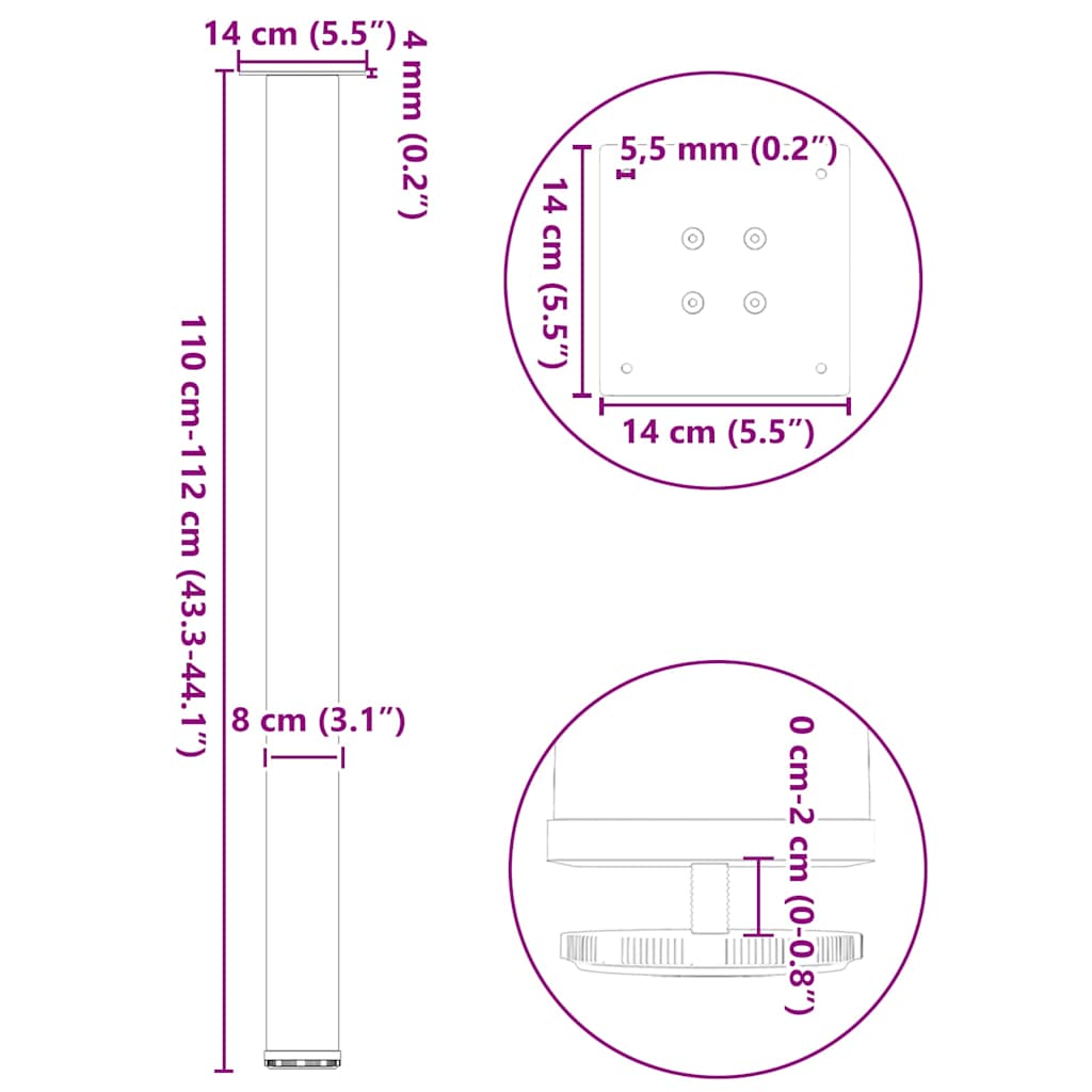 Bartischbeine 4 Stk. Schwarz 110-112 cm Stahl