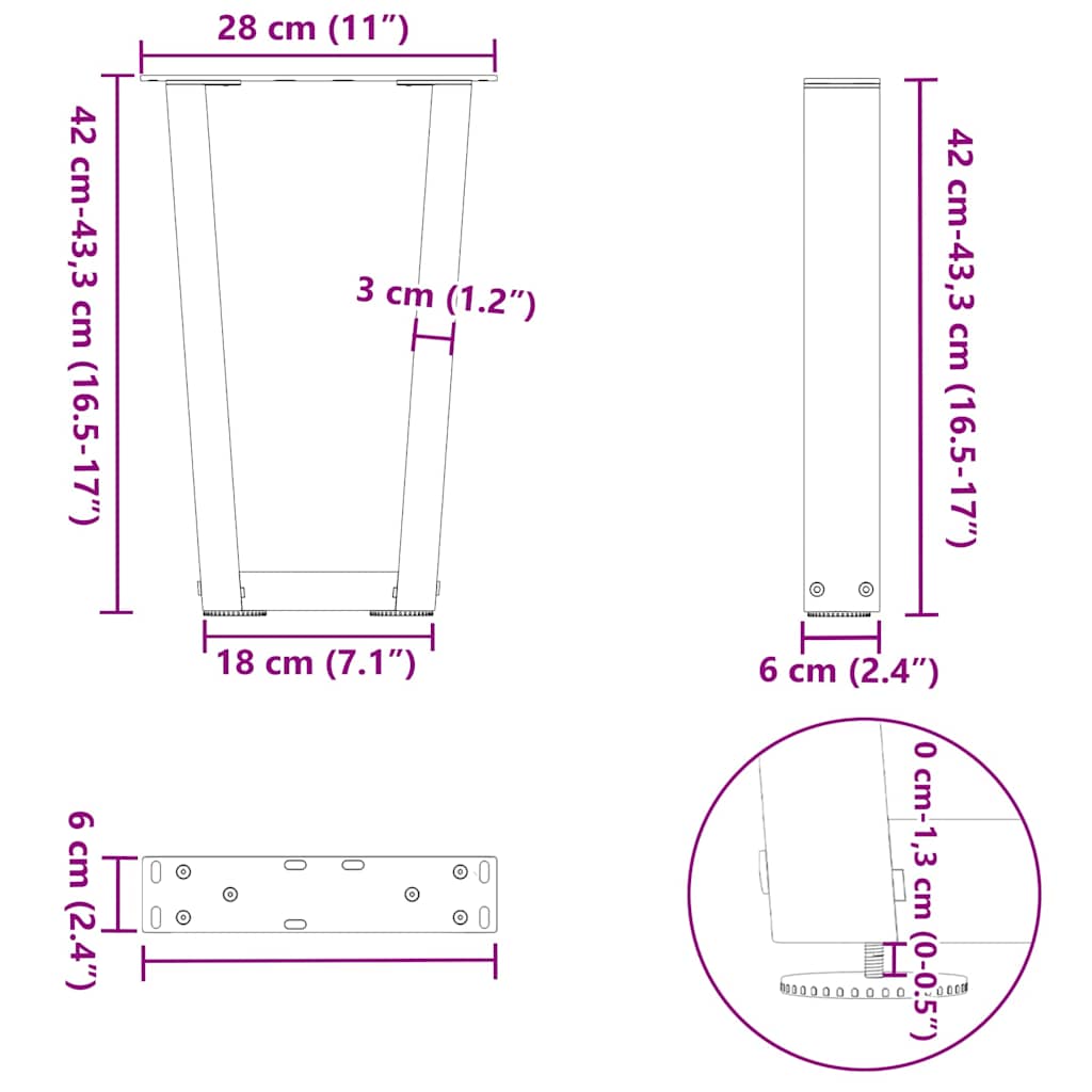 Coffee table legs V-shape 2 pieces black 28x(42-43.3) cm steel