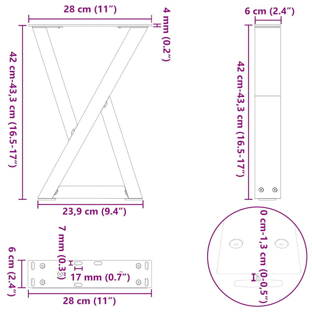 Coffee table legs 2 pcs. Natural steel 28x(42-43.3) cm steel