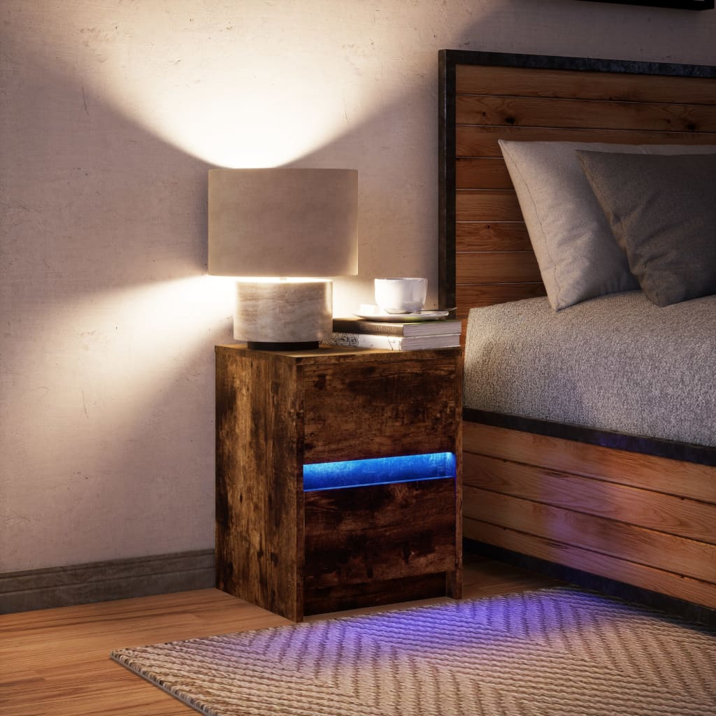 Bedside table with LED lights smoked oak wood material