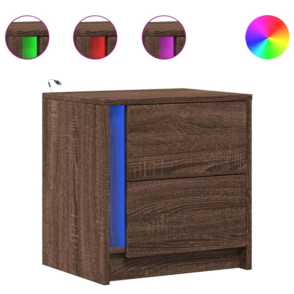 Bedside table with LED lights Brown oak look wood material