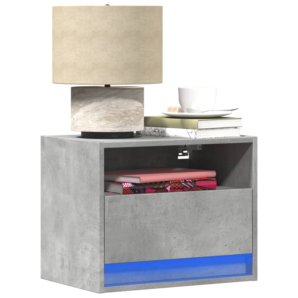Wall-mounted bedside table with LED lights concrete gray