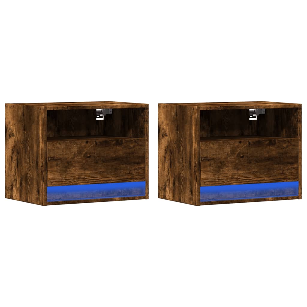Wall-mounted bedside tables with LED lights 2 pcs. Smoked oak