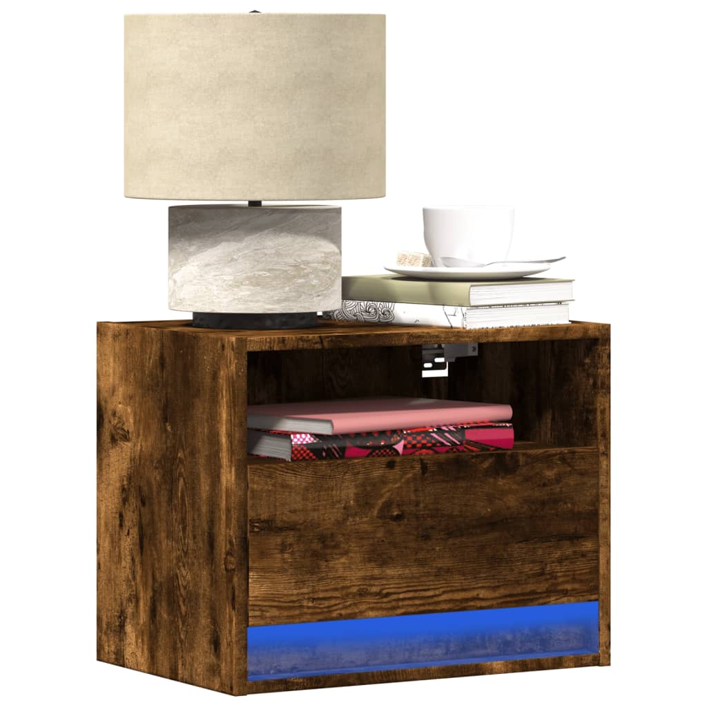 Wall-mounted bedside tables with LED lights 2 pcs. Smoked oak