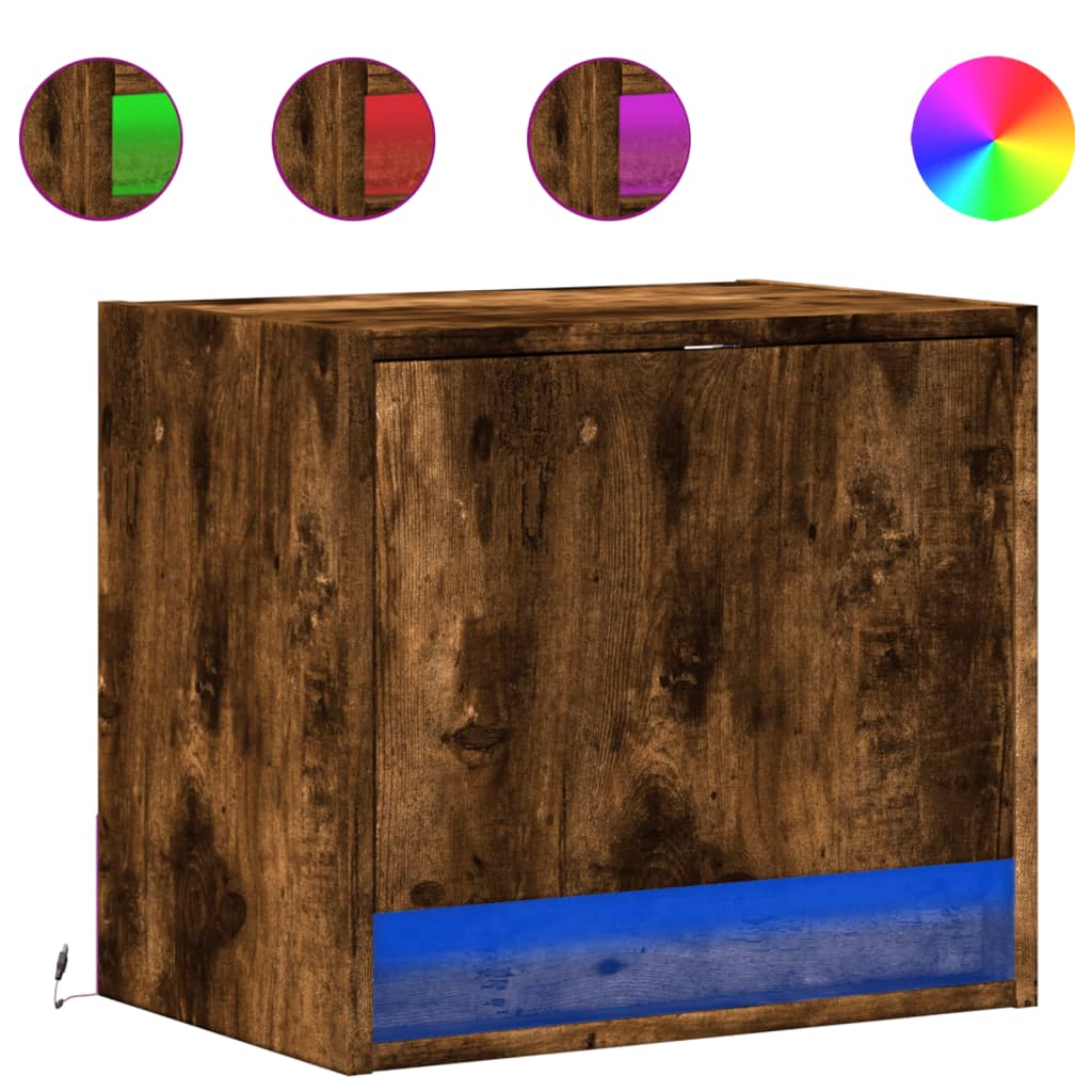 Wall-mounted bedside table with LED lights smoked oak