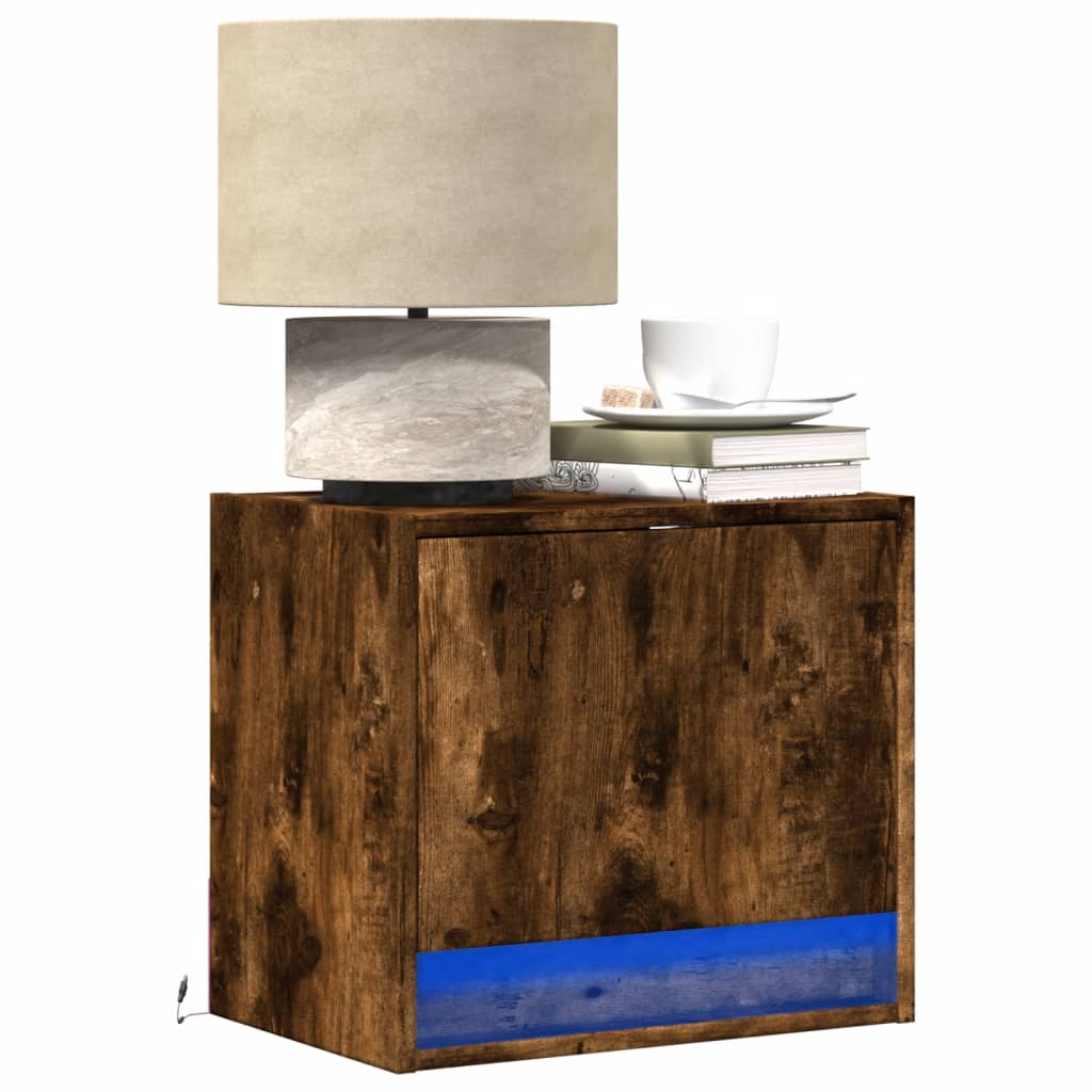 Wall-mounted bedside table with LED lights smoked oak