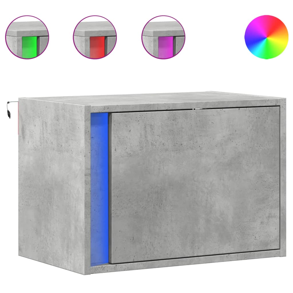 Wall-mounted bedside table with LED lights concrete gray