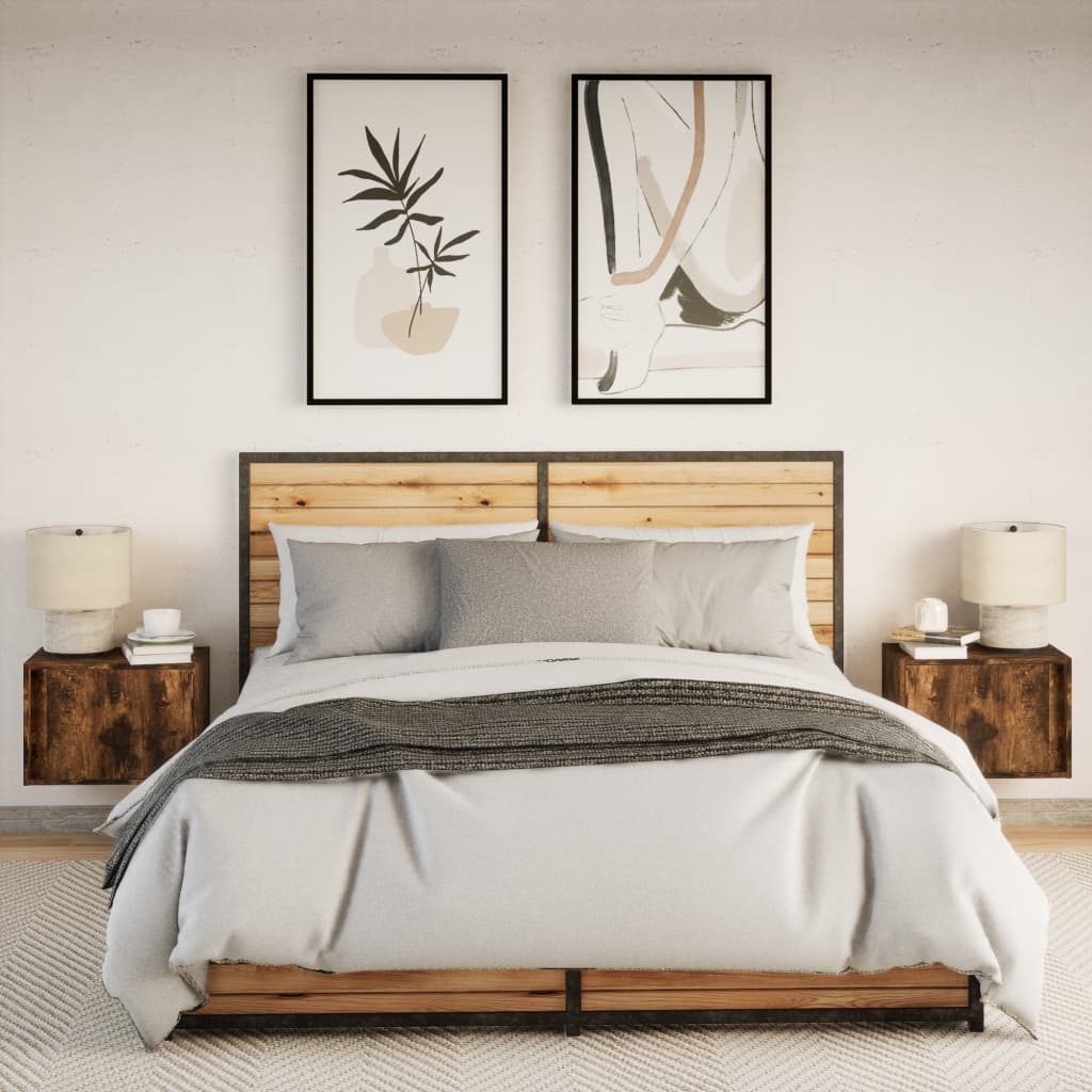 Wall-mounted bedside tables with LED lights 2 pcs. Smoked oak