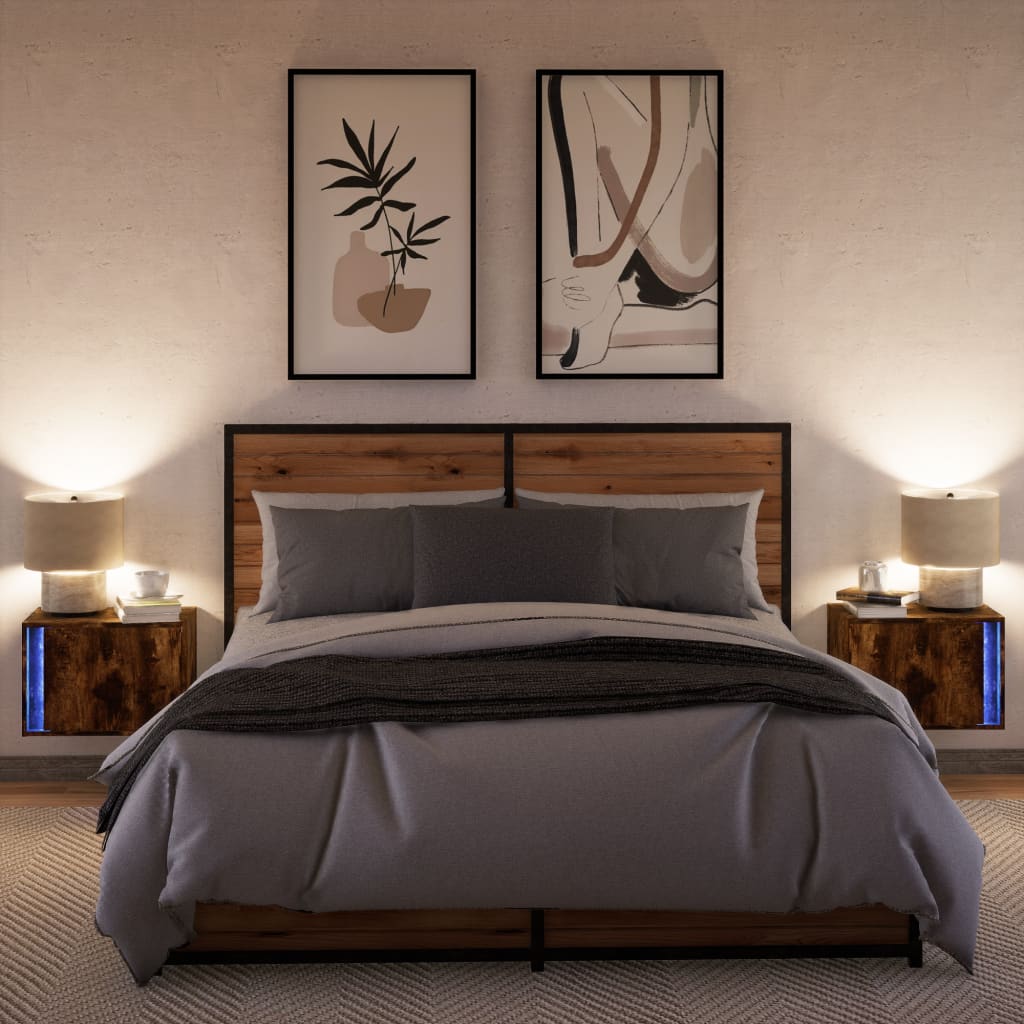 Wall-mounted bedside tables with LED lights 2 pcs. Smoked oak