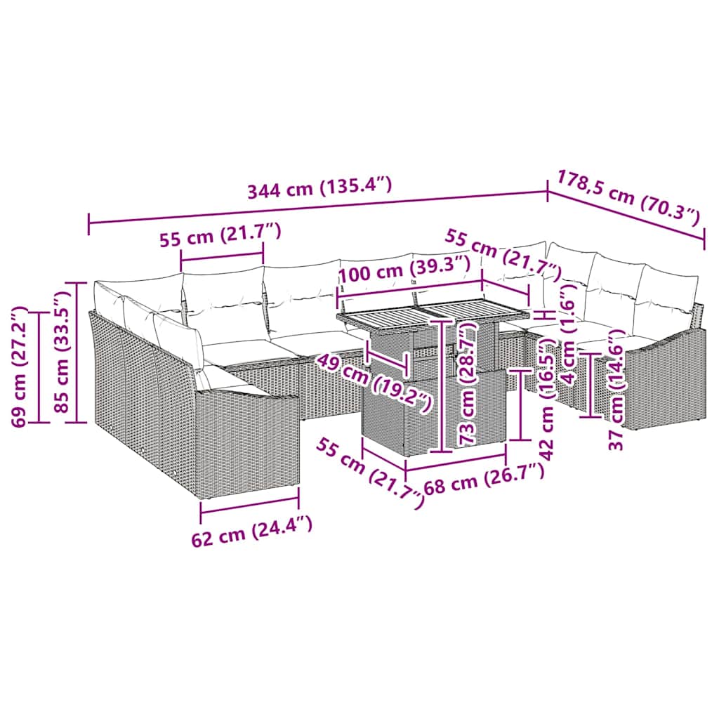 Garten Essgruppe mit Kissen 11 pcs Grau, Braun 100 x 55 x 73 cm