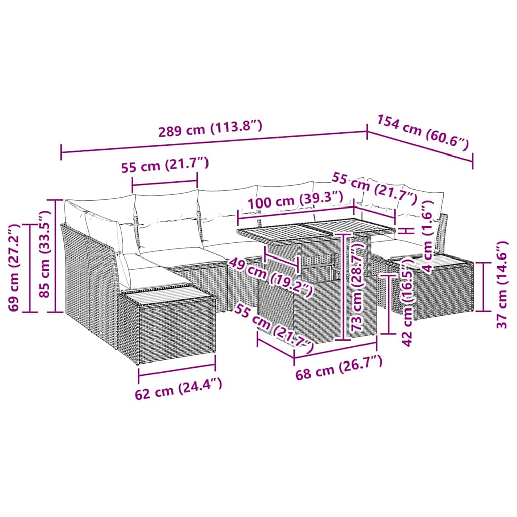 Garten Essgruppe mit Kissen 8 pcs Beige, Creme 100 x 55 x 73 cm