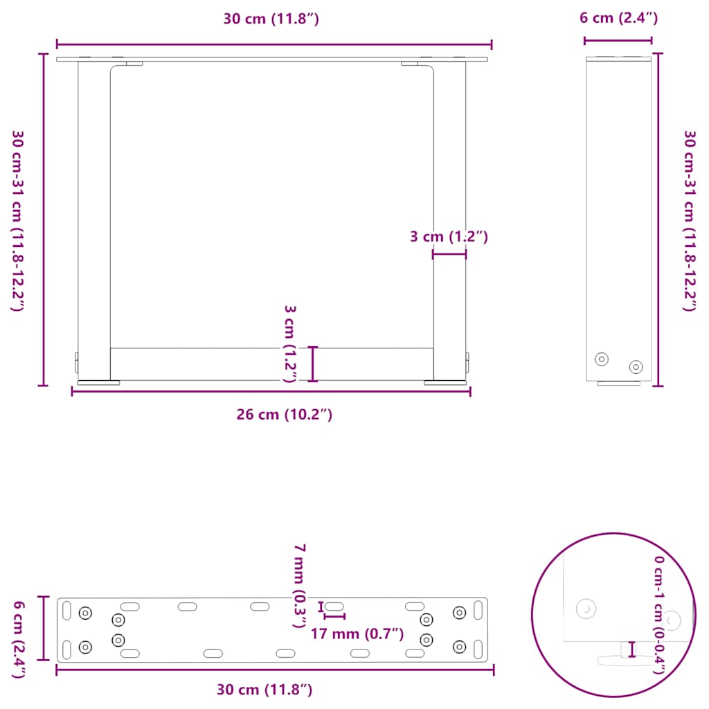 Coffee table legs U-shape 2 pcs. Natural steel 30x(30-31) cm steel