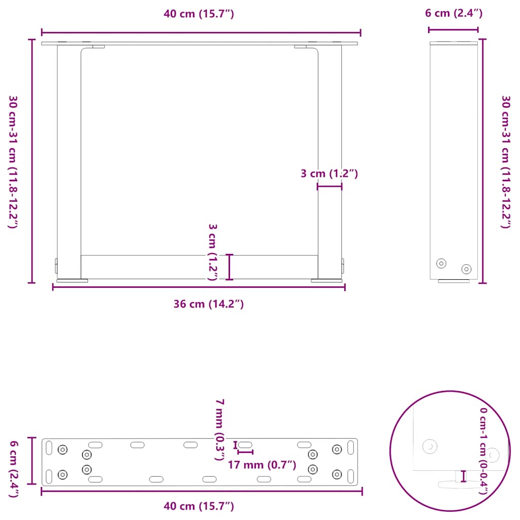 Coffee table legs U-shape 2 pcs. Natural steel 40x(30-31) cm steel