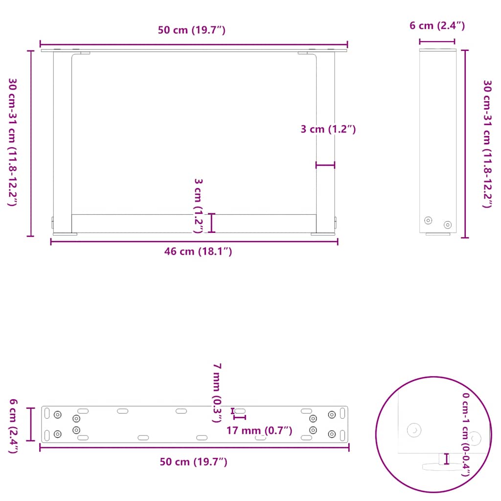 Coffee table legs U-shape 2 pcs. Natural steel 50x(30-31) cm steel