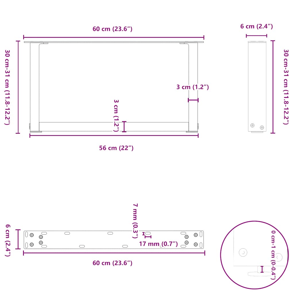 Coffee table legs U-shape 2 pcs. White 60x(30-31) cm steel