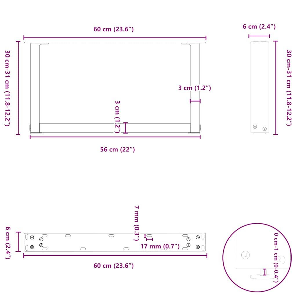 Coffee table legs U-shape 2 pcs. Anthracite 60x(30-31) cm steel