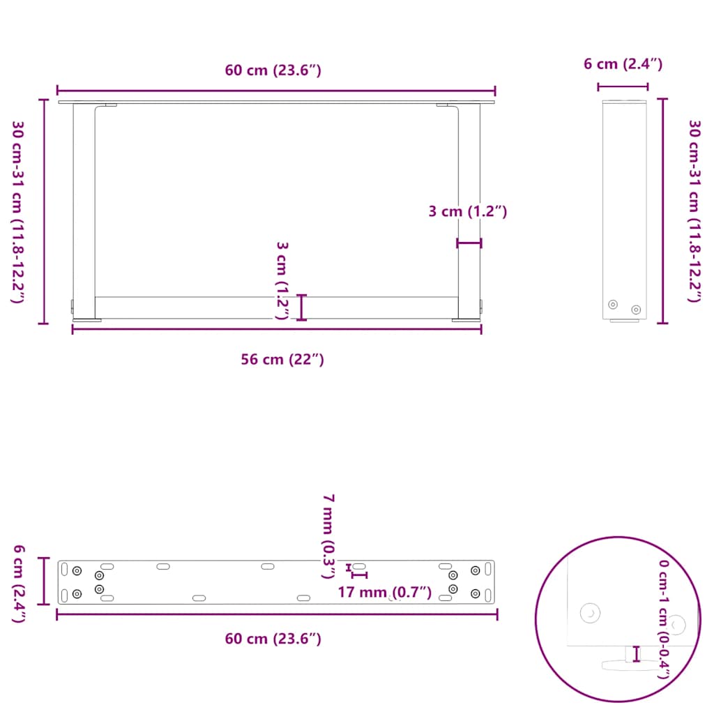 Coffee table legs U-shape 2 pcs. Natural steel 60x(30-31) cm steel