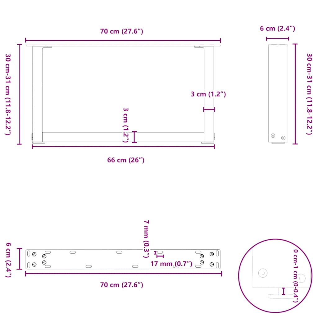 Coffee table legs U-shape 2 pcs. Black 70x(30-31) cm steel