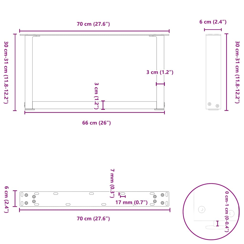 Coffee table legs U-shape 2 pcs. White 70x(30-31) cm steel
